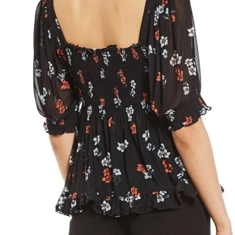 Free People Delta Dawn Midnight Combo Black Blouse with Red Floral Design NWT